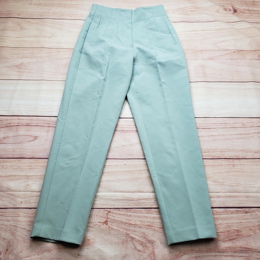 Zara Pants Womens S Green Ponte Slim Flat Front Dress Pockets Zip Office